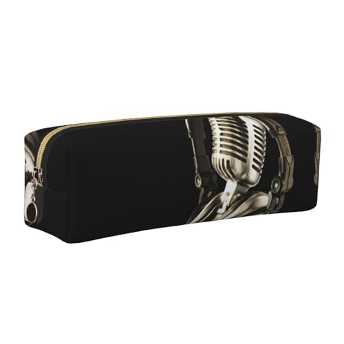 EWQrtyy Federmäppchen aus Leder mit Mikrofon und Headset, mit Reißverschluss, Zubehörhalter, Schreibwarentasche, Geschenk für den Schulanfang, gold, Einheitsgröße, Kosmetiktasche von EWQrtyy