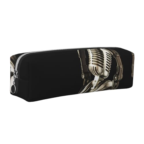 EWQrtyy Federmäppchen aus Leder mit Mikrofon und Headset, mit Reißverschluss, Zubehörhalter, Schreibwarentasche, Geschenk für den Schulanfang, silber, Einheitsgröße, Kosmetiktasche von EWQrtyy