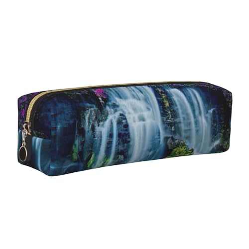 EWQrtyy Federmäppchen aus Leder mit Wasserfall und Blumendruck, Reißverschluss, Zubehörhalter, Schreibwaren-Tasche, Geschenk für den Schulanfang, gold, Einheitsgröße, Kosmetiktasche von EWQrtyy