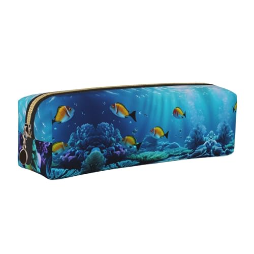 EWQrtyy Federmäppchen aus Leder mit ruhiger Unterwasserlandschaft, mit Reißverschluss, Zubehörhalter, Schreibwarentasche, Geschenk für den Schulanfang, gold, Einheitsgröße, Kosmetiktasche von EWQrtyy