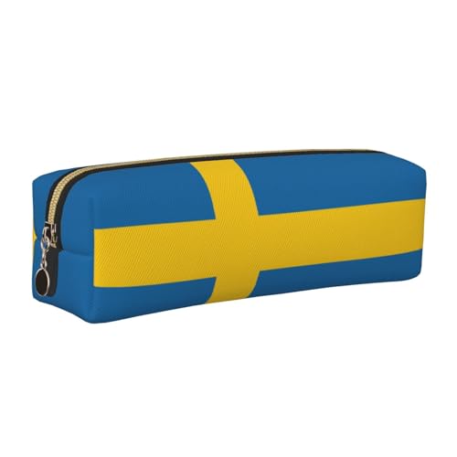 EWQrtyy Federmäppchen aus Leder mit schwedischer Flagge, Reißverschluss, Zubehörhalter, Schreibwaren-Tasche, Geschenk zum Schulanfang, gold, Einheitsgröße, Kosmetiktasche von EWQrtyy