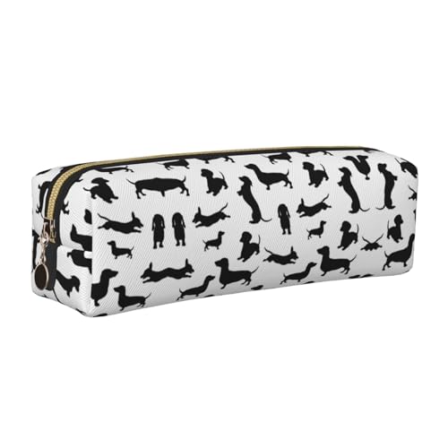 EWQrtyy Federmäppchen mit Dackel-Motiv, Leder, mit Reißverschluss, Zubehörhalter, Schreibwaren-Tasche, Geschenk für den Schulanfang, Schwarz, gold, Einheitsgröße, Kosmetiktasche von EWQrtyy