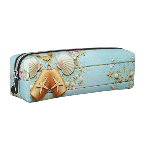 EWQrtyy Federmäppchen mit Strandmotiv und Muschel-Motiv, aus Leder, mit Reißverschluss, Zubehörhalter, Schreibwarentasche, Geschenk für den Schulanfang, silber, Einheitsgröße, Kosmetiktasche von EWQrtyy