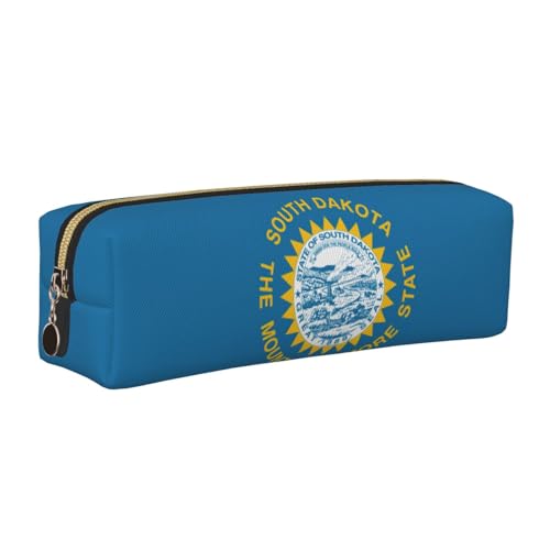EWQrtyy Federmäppchen mit Süddakota-Flaggen-Druck, Leder, Reißverschlusstasche, Zubehörhalter, Schreibwarentasche, Geschenk für den Schulanfang, gold, Einheitsgröße, Kosmetiktasche von EWQrtyy