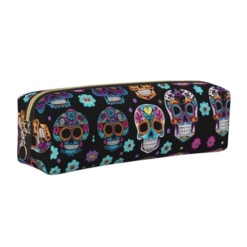 EWQrtyy Federmäppchen mit Totenkopf-Motiv, Leder, mit Reißverschluss, Zubehörhalter, Schreibwaren-Tasche, Geschenk für den Schulanfang, gold, Einheitsgröße, Kosmetiktasche von EWQrtyy