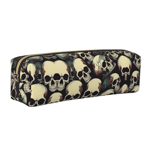 EWQrtyy Federmäppchen mit Totenkopf-Skelett-Aufdruck, Leder-Federmäppchen, Reißverschlusstasche, Zubehörhalter, Schreibwaren-Tasche, Geschenk für den Schulanfang, gold, Einheitsgröße, Kosmetiktasche von EWQrtyy