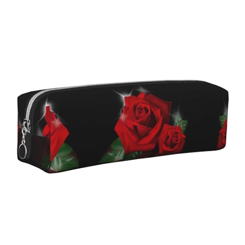 EWQrtyy Federmäppchen mit roten Rosen, Leder, mit Reißverschluss, Zubehörhalter, Schreibwarentasche, Geschenk für den Schulanfang, silber, Einheitsgröße, Kosmetiktasche von EWQrtyy