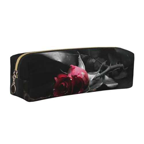 EWQrtyy Federmäppchen mit schwarzem Rosenmotiv, Leder, mit Reißverschluss, Zubehörhalter, Schreibwaren-Tasche, Geschenk zum Schulanfang, gold, Einheitsgröße, Kosmetiktasche von EWQrtyy