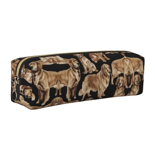 EWQrtyy Golden Retrievers Federmäppchen aus Leder, mit Reißverschluss, Zubehörhalter, Schreibwarentasche, Geschenk für den Schulanfang, gold, Einheitsgröße, Kosmetiktasche von EWQrtyy