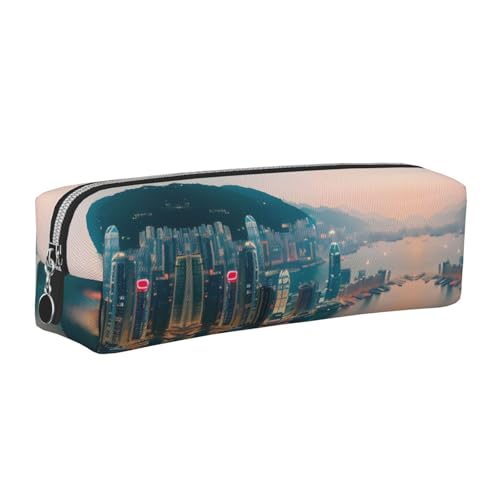 EWQrtyy Hong Kong Federmäppchen aus Leder, mit Reißverschluss, Zubehörhalter, Schreibwarentasche, Geschenk für den Schulanfang, silber, Einheitsgröße, Kosmetiktasche von EWQrtyy