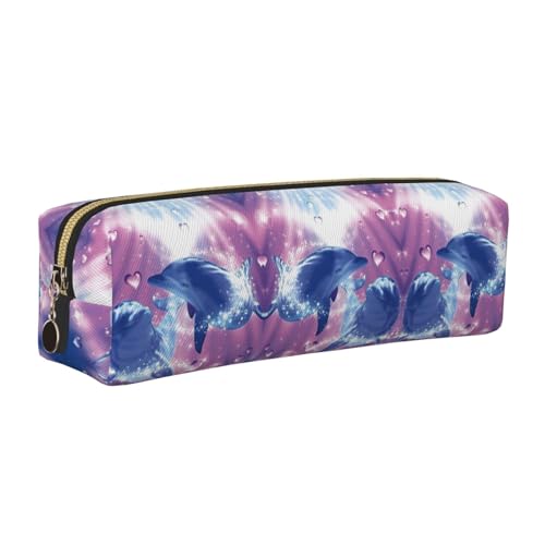 EWQrtyy Leder-Federmäppchen, Motiv: Delfine in Love, mit Reißverschluss, Zubehörhalter, Schreibwarentasche, Geschenk zum Schulanfang, gold, Einheitsgröße, Kosmetiktasche von EWQrtyy