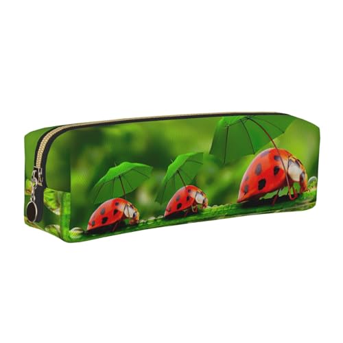 EWQrtyy Lustiges Federmäppchen mit Marienkäfer mit Regenschirmen, bedrucktes Leder-Federmäppchen, Reißverschlusstasche, Zubehörhalter, Schreibwarentasche, Geschenk zum Schulanfang, gold, Einheitsgröße von EWQrtyy