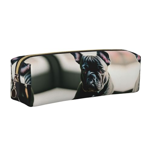 EWQrtyy Niedliches Federmäppchen aus Leder mit französischer Bulldogge, Reißverschluss, Zubehörhalter, Schreibwaren-Tasche, Geschenk für den Schulanfang, gold, Einheitsgröße, Kosmetiktasche von EWQrtyy