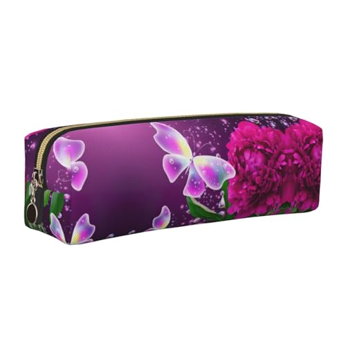 EWQrtyy Schönes Federmäppchen aus Leder mit Schmetterlings-Blumendruck, Reißverschluss, Zubehörhalter, Schreibwaren-Tasche, Geschenk für den Schulanfang, gold, Einheitsgröße, Kosmetiktasche von EWQrtyy