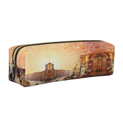 EWQrtyy Schönes Federmäppchen mit Venedigkanalansicht aus Leder, mit Reißverschluss, Zubehörhalter, Schreibwarentasche, Geschenk für den Schulanfang, gold, Einheitsgröße, Kosmetiktasche von EWQrtyy