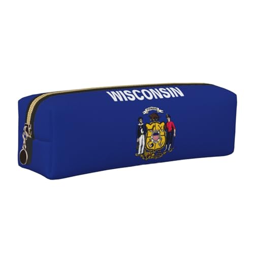 EWQrtyy Wisconsin Federmappe mit Staatsflagge, Leder, mit Reißverschluss, Zubehörhalter, Schreibwarentasche, Geschenk für den Schulanfang, gold, Einheitsgröße, Kosmetiktasche von EWQrtyy