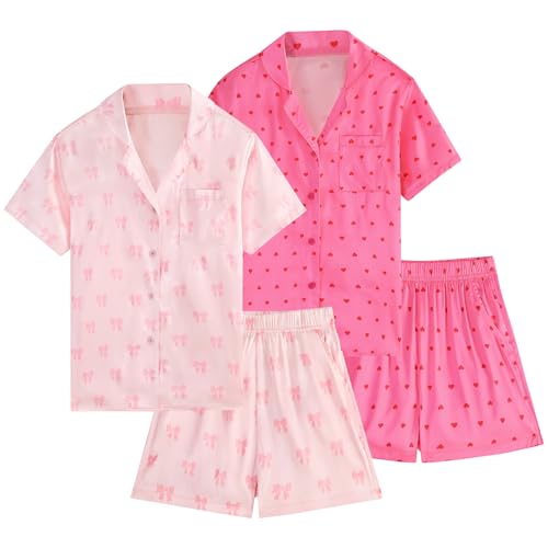 EXARUS 4-teiliges Mädchen-Satin-Shorts-Set, seidig, kurzärmelig, Knopf mit Taschen, Sommer-Outfits für Kinder von 8–14 Jahren, Set 5 - keine Paspelierung, 10 Jahre von EXARUS