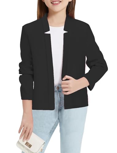 EXARUS Mädchen-Blazer-Jacke, langärmelig, gekerbter Kragen/Reverskragen mit Innentasche, vorne offen, lässiger Kinder-Blazer-Anzug, Schwarz Cropped, 140 von EXARUS
