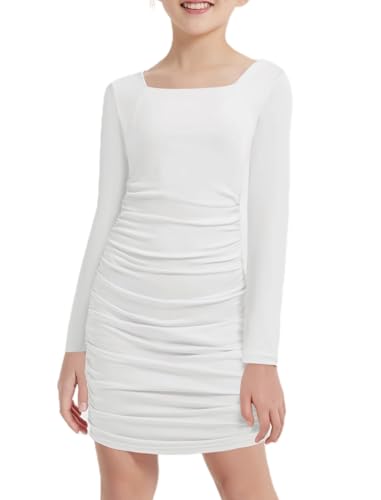 EXARUS Mädchen gerüschtes, figurbetontes Kleid, doppelt gefüttert, Teenager, Tween, eng, kurz, Schule, Tanz, Heimkehr, Abschlussfeier, formelle Anlässe, Langarm Weiß, 164 EXARUS Mädchen gerüschtes, figurbetontes Kleid, doppelt gefüttert, Teenager, Tween, eng, kurz, Schule, Tanz, Heimkehr, Abschlussfeier, formelle Anlässe, Langarm Weiß, 164 von EXARUS