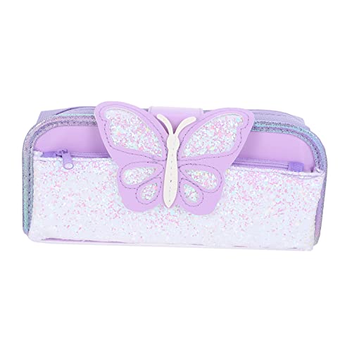 EXCEART 1stk Schreibwaren-Box Schmetterlings-stiftbeutelhalter Glitzer-stifttasche Cartoon Bleistiftbeutel Make- up Kosmetiktasche Mäppchen Hohe Kapazität Pu Violett Student Reißverschluss von EXCEART