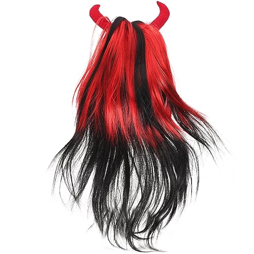 EXCEART Halloween-dämonenhörner Rote Requisite Für Maskerade Synthetische Perücke Cosplay-perücke Cosplay Perücke Mit Horn Halloween-teufelshorn Perücken Kleidung Plastik Lange Gerade von EXCEART