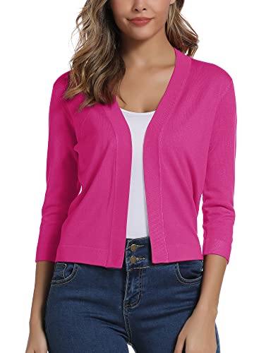 Damen 3/4 Ärmel Open Front Bolero Strickjacke Shrug Solid Cardigan Top (L, Rosa Rot) von EXCHIC