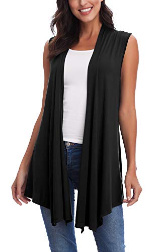 Damen Ärmellose Open Front Drapiert Asymmetrischer Saum Cardigan Weste, schwarz, Mittel von EXCHIC