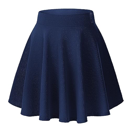 Damen Casual A Linie Hoch Taille Mini Rock Elegante Pull On Elastische Skater Kurz Röcke(S, Navy Blau) von EXCHIC