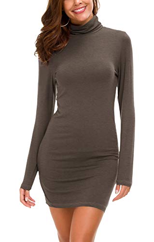 Damen Bodycon Kleid Rollkragen Langarm Basic T-Shirt Kleid (L, Schokolade) von EXCHIC