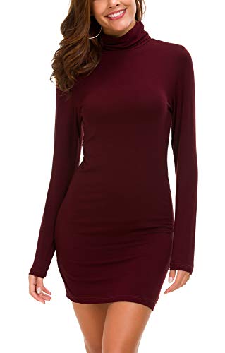 Damen Bodycon Kleid Rollkragen Langarm Basic T-Shirt Kleid (L, Weinrot) von EXCHIC