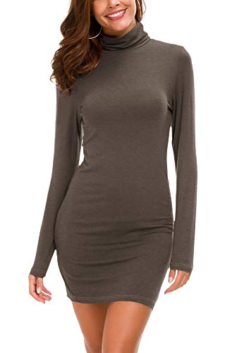 EXCHIC Damen Bodycon Rollkragen Minikleid Basic Einfarbig Langarm Eng Kleid (M, Schokolade) von EXCHIC