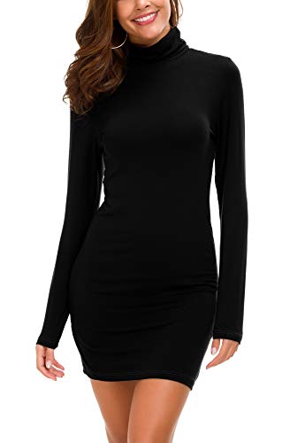 Damen Bodycon Kleid Rollkragen Langarm Basic T-Shirt Kleid (M, Schwarz) von EXCHIC