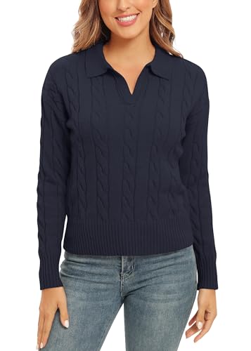 Damen Chunky V-Ausschnitt Langarm Solide Pullover Klassische Kabel Stricken Sweater Tops(M, Marineblau) von EXCHIC