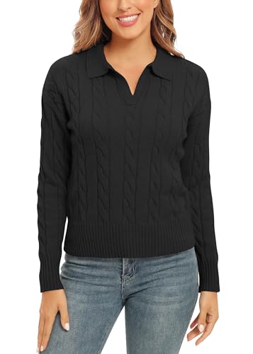 Damen Chunky V-Ausschnitt Langarm Solide Pullover Klassische Kabel Stricken Sweater Tops(M, Schwarz) von EXCHIC