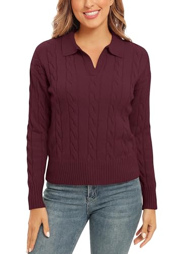 Damen Chunky V-Ausschnitt Langarm Solide Pullover Klassische Kabel Stricken Sweater Tops(M, Weinrot) von EXCHIC