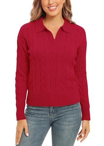 Damen Chunky V-Ausschnitt Langarm Solide Pullover Klassische Kabel Stricken Sweater Tops(S, Rot) von EXCHIC