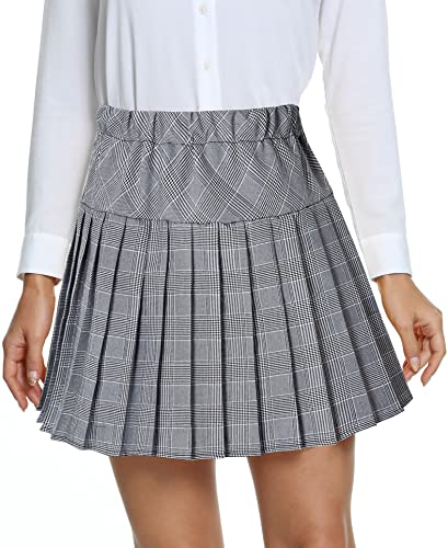 Damen Schule Stil Elastische High Taille Faltenrock A-Linie Kariert Tennis Mini Röcke mit Kurze Hosen(L, 11-Weiß) von EXCHIC