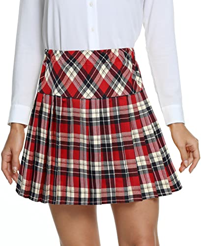 Damen College Style Elastische High Taille Plissee Mini Rock A-Linie Tartan Röcke mit Unterhosen(L, 16) von EXCHIC