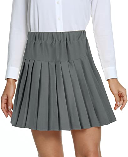 Damen Schule Stil Elastische High Taille Faltenrock A-Linie Kariert Tennis Mini Röcke mit Kurze Hosen(L, Grau) von EXCHIC