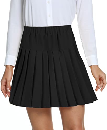 Damen Schule Stil Elastische High Taille Faltenrock A-Linie Kariert Tennis Mini Röcke mit Kurze Hosen(L, Schwarz) von EXCHIC
