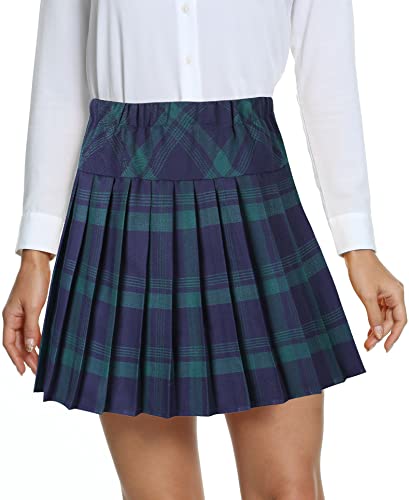 Damen Schule Stil Elastische High Taille Faltenrock A-Linie Kariert Tennis Mini Röcke mit Kurze Hosen(M, 1-Grün) von EXCHIC