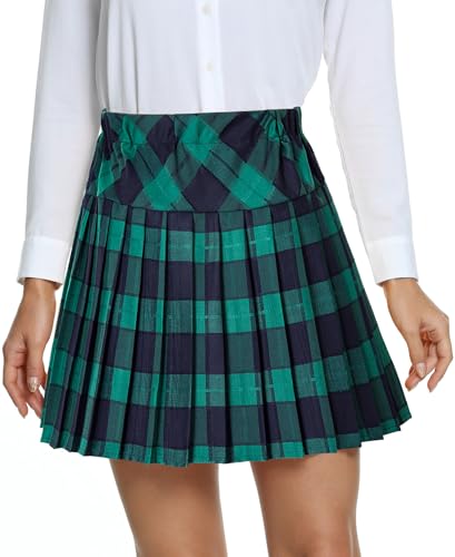 Damen Schule Stil Elastische High Taille Faltenrock A-Linie Kariert Tennis Mini Röcke mit Kurze Hosen(S, 5-Grün) von EXCHIC