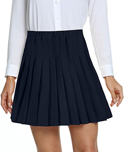 Damen Schule Stil Elastische High Taille Faltenrock A-Linie Kariert Tennis Mini Röcke mit Kurze Hosen(S, Marineblau) von EXCHIC
