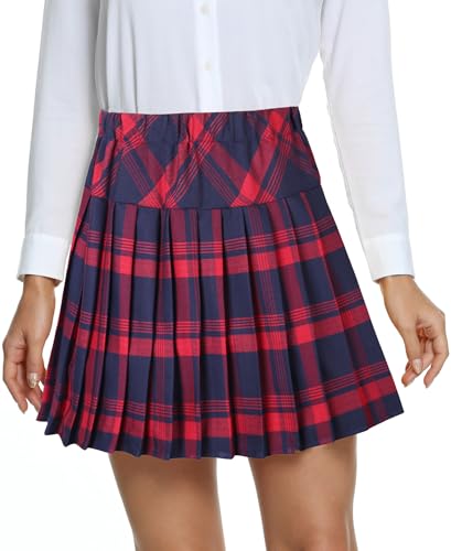 Damen Schule Stil Elastische High Taille Faltenrock A-Linie Kariert Tennis Mini Röcke mit Kurze Hosen(XL, 1-Rot) von EXCHIC
