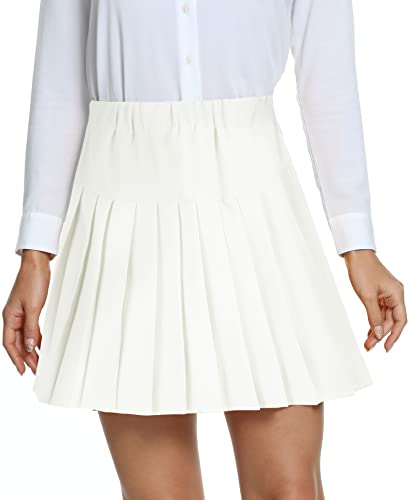 Damen Schule Stil Elastische High Taille Faltenrock A-Linie Kariert Tennis Mini Röcke mit Kurze Hosen(XXL, Weiß) von EXCHIC