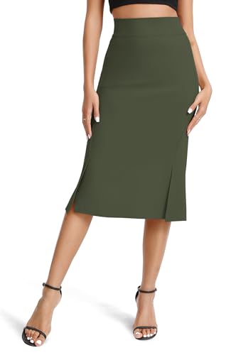 Damen Elegant Unternehmen Dehnbar Bodycon Fishtail Bleistiftrock Hohe Taille Midi Röcke mit Schlitzen(S, Armeegrün) von EXCHIC