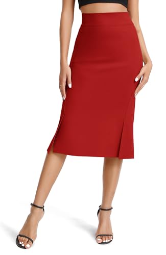 Damen Elegant Unternehmen Dehnbar Bodycon Fishtail Bleistiftrock Hohe Taille Midi Röcke mit Schlitzen(S, Rot) von EXCHIC