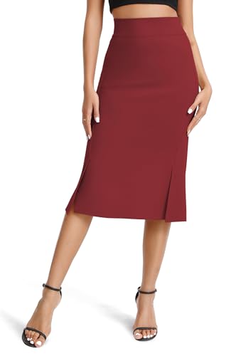 Damen Elegant Unternehmen Dehnbar Bodycon Fishtail Bleistiftrock Hohe Taille Midi Röcke mit Schlitzen(XL, Weinrot) von EXCHIC