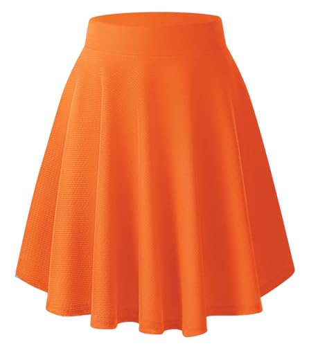 Damen Elegante Elastische Taille Ausgestellte A-Linie Midi Rock Basic Uniform Plissee Skater Röcke(L, Orange) von EXCHIC