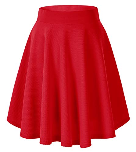 Damen Elegante Elastische Taille Ausgestellte A-Linie Midi Rock Basic Uniform Plissee Skater Röcke(L, Rot) von EXCHIC